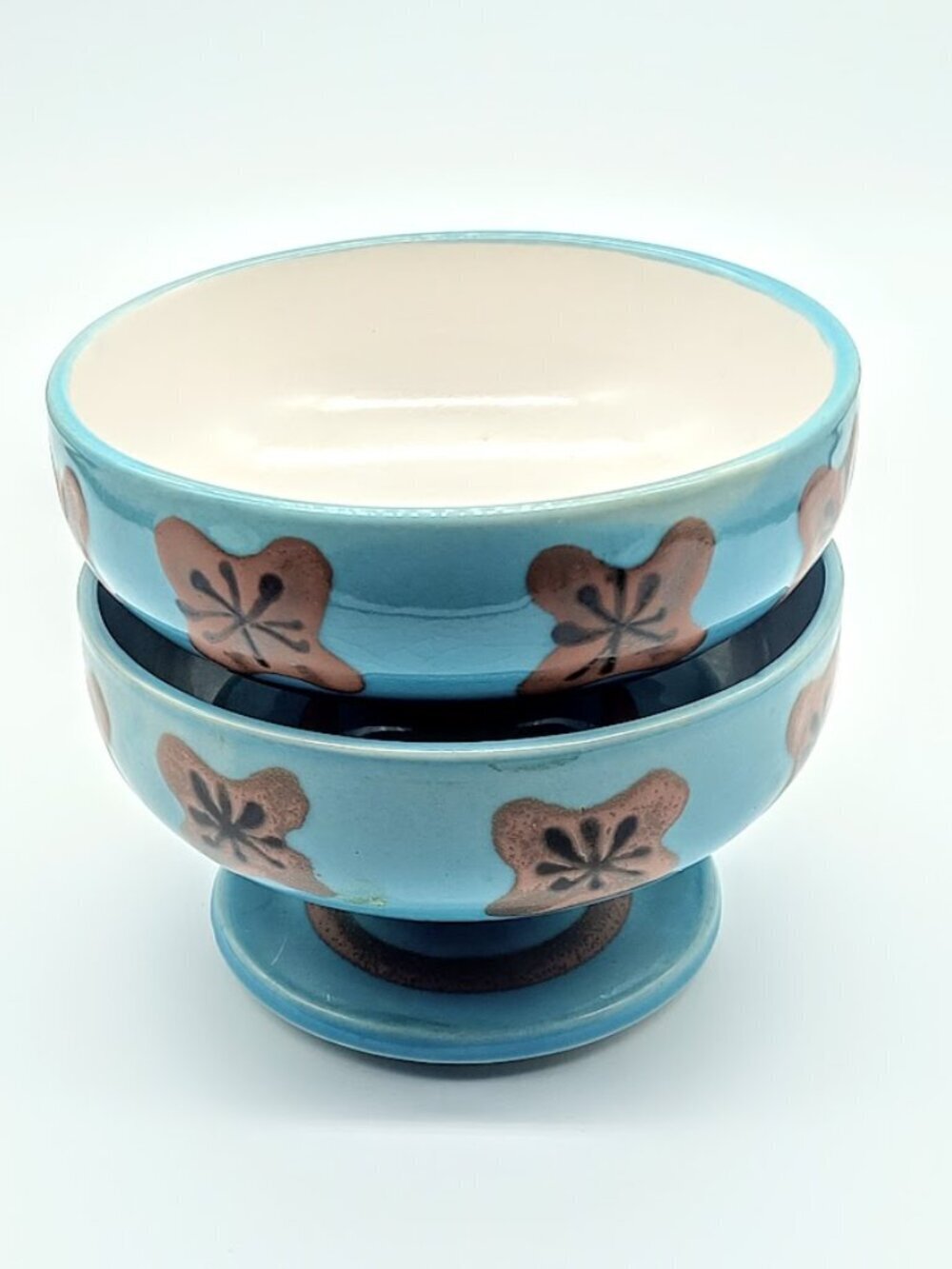 Vintage Blue Brown Pedestal Footed Ceramic Bowls